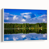 Vintage poster art of a scenic European landscape in Finland, with colorful art on white-framed canvas.