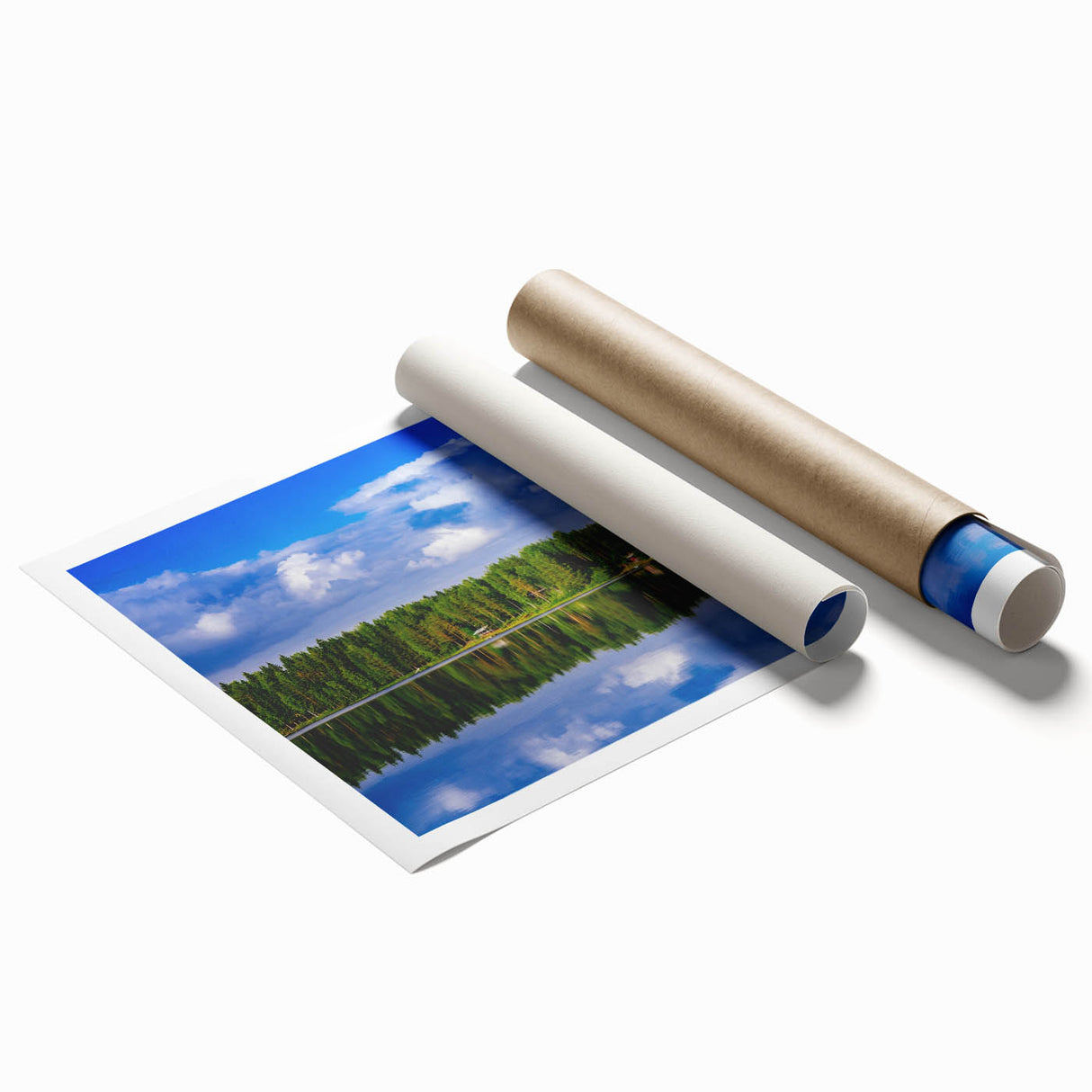 Extra large rolled print featuring a serene Finnish landscape with lush greenery and floral elements.