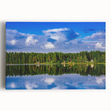 Black and white photograph of a serene Finnish landscape on stretched canvas, ideal for kitchen wall art.