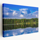 Large art of a serene Finnish landscape in muted greens and blues on stretched canvas, suitable for kitchen wall art.