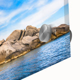 Large abstract wall art print of a Corsican landscape in muted earth tones on acrylic glass, suitable for dining room decor.