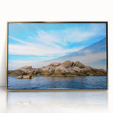 Art deco poster featuring a serene Corsican landscape in muted green and blue tones, framed in gold acrylic.