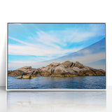 Mid-century modernist art depicting a serene Corsican landscape in muted earth tones, framed acrylic print.