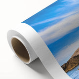 Art Deco style poster of Corsica scenery in muted blue tones on rolled canvas, ideal for nursery wall art.