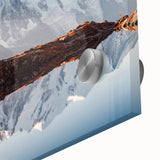 Large abstract wall art of the French Alps in muted earth tones on acrylic glass, ideal for dining room ambiance.