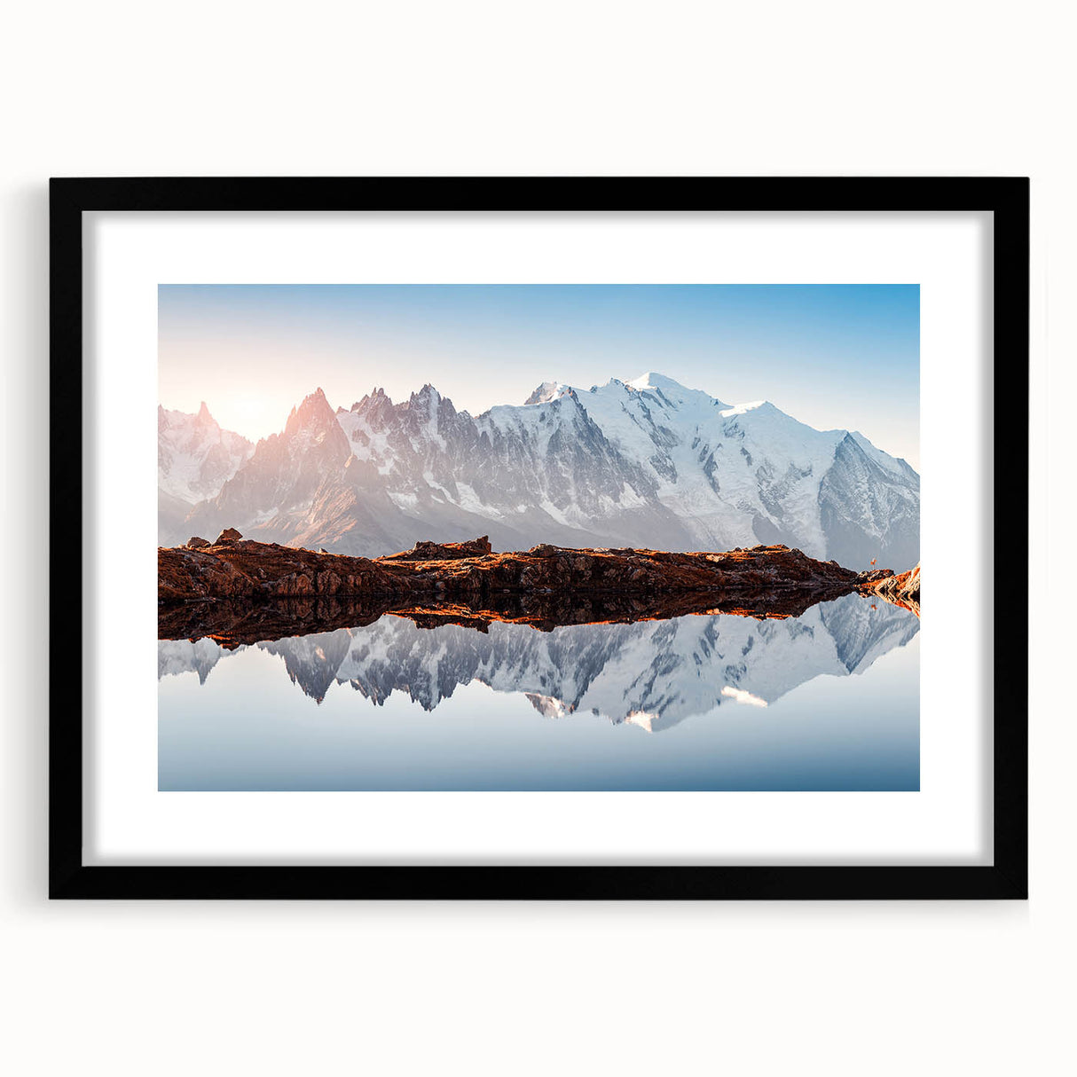 Extra large wall art of a colorful abstract rendition of the French Alps, in a black frame, suitable for living room decor.