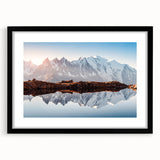 Extra large wall art of a colorful abstract rendition of the French Alps, in a black frame, suitable for living room decor.