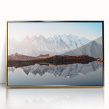 Acrylic print of French Alps scenery in muted earth tones, framed in gold, suitable for modern art wall decor.