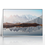 Mid-century modernist art depicting the French Alps in muted earth tones on a framed acrylic.