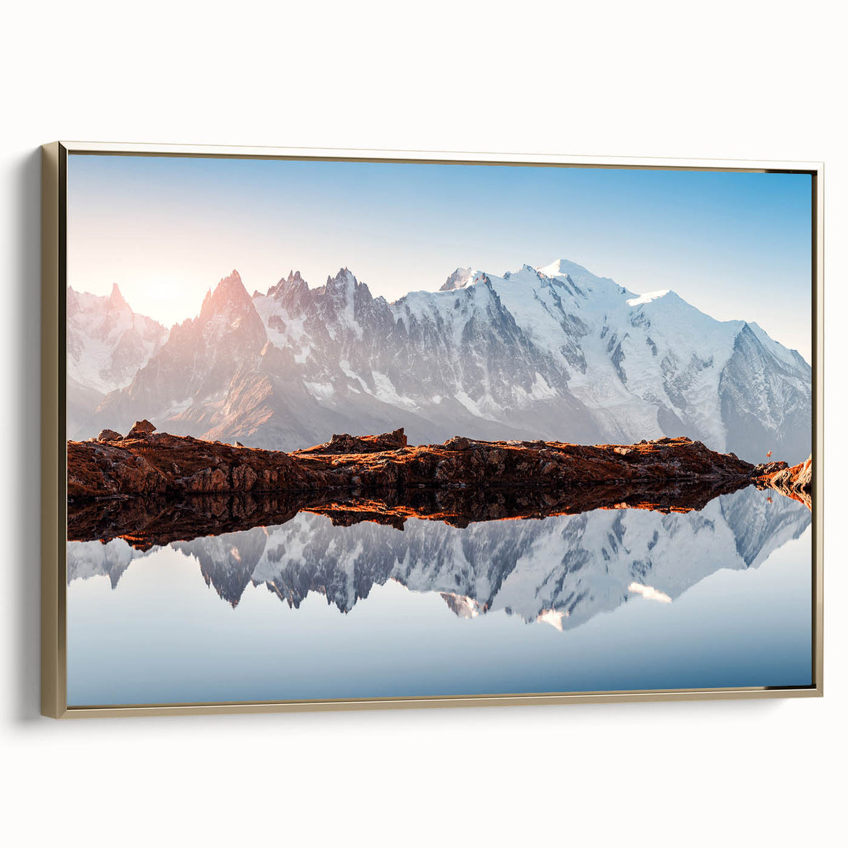 Framed canvas of the French Alps in muted earth tones, ideal for bedroom wall art with a vintage poster style.