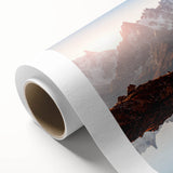 Art deco poster of the French Alps in muted earth tones on rolled canvas, ideal for nursery wall art.