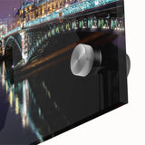 Mid-century modernist art of Lyon scenery in muted earth tones on large acrylic glass, ideal for dining room art.