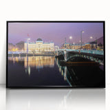 Large abstract wall art depicting a stylized Lyon cityscape in muted gray and blue tones on framed acrylic.