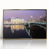 Art deco poster of Lyon scenery with muted gold and blue tones on framed acrylic, ideal for modern art wall decor.