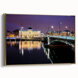 Framed canvas featuring a vintage-style landscape painting of Lyon, France, in muted gold and black tones.