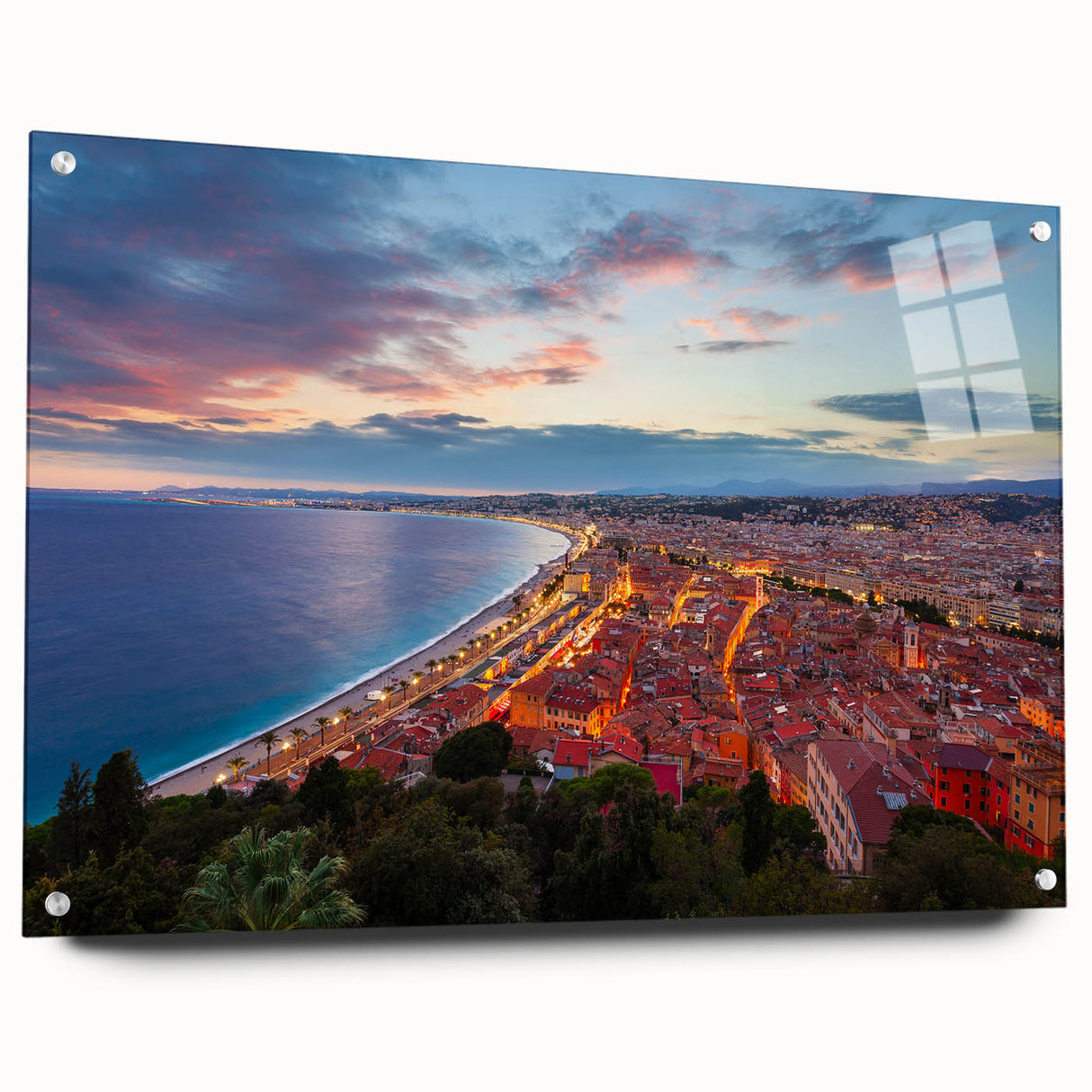 Acrylic print of a large abstract representation of Nice, France, in vibrant blue and green hues.