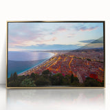 Art Deco poster of Nice, France with muted gold and blue tones on framed acrylic, ideal for modern art wall decor.