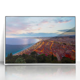 Mid-century modernist art depicting the Nice, France skyline in pastel shades on a white framed acrylic print.