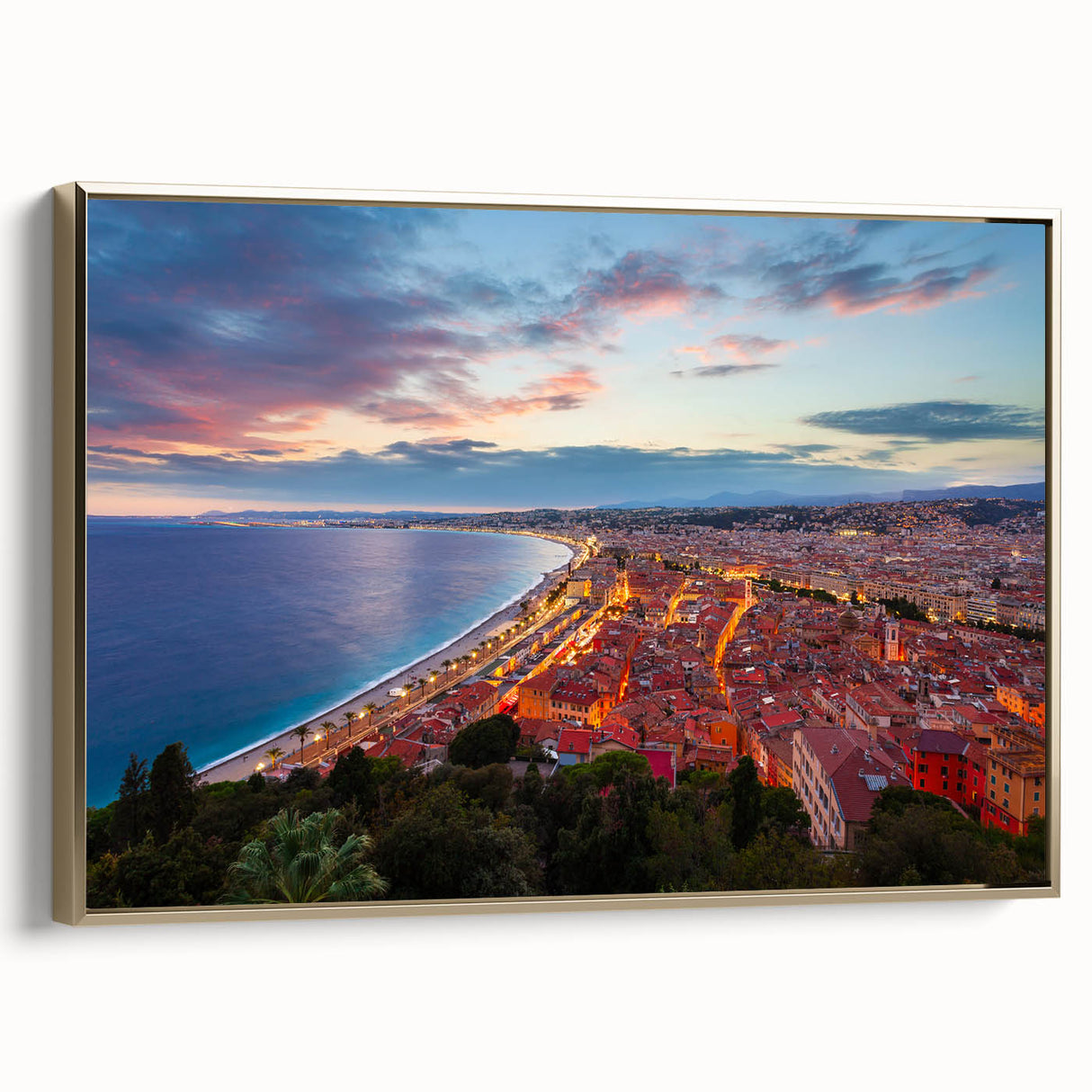 Framed canvas depicting a vintage-style landscape of Nice, France, in muted earth tones, ideal for bedroom wall art.