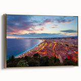 Framed canvas depicting a vintage-style landscape of Nice, France, in muted earth tones, ideal for bedroom wall art.