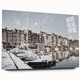 Large abstract wall art depicting the Normandy coast in muted blue and gray tones on acrylic glass.