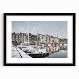 Colorful abstract art print of a textured European scenery in Normandy, in a large black framed format.