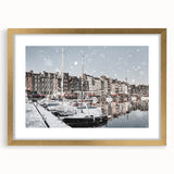 Abstract art print of Normandy scenery in muted blue and green tones, framed with a gold mat, ideal for dining room decor.