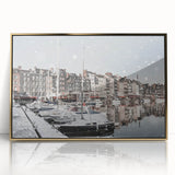 Art Deco poster of Normandy landscape in muted gold and blue tones, acrylic print framed.