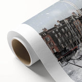 Art deco poster of Normandy landscape in muted green and blue hues on rolled canvas, ideal for nursery wall art.