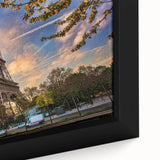 Extra large black wall art featuring a textured Paris scenery in vibrant colors on framed canvas.