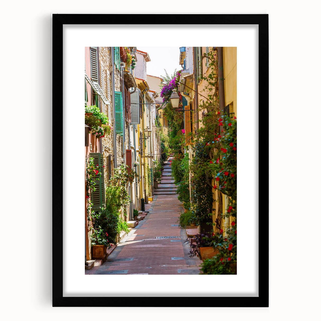 Abstract art print of Provence scenery in vibrant colors on a large framed canvas, ideal for enhancing living room decor.