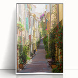 Mid-century modernist art depicting a serene Provence landscape in pastel colors on a white-framed acrylic.