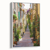 Vintage poster art of a Provence landscape in colorful hues on a framed canvas, ideal for living room decor.