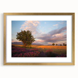 Abstract art print of a southern France landscape in muted earth tones, framed in gold, suitable for dining room decor.
