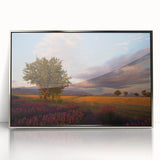 Large art print of a serene French southern landscape in pastel shades on silver-framed acrylic.
