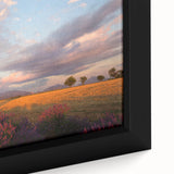 Black wall art depicting a textured, colorful European village scene on extra large framed canvas.