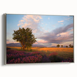 Landscape art painting of a southern France scenery on framed canvas, featuring colorful art with black and silver tones.