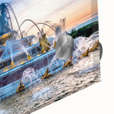 Acrylic print of a large abstract rendition of Versailles in muted gray and blue tones, suitable for dining room art.