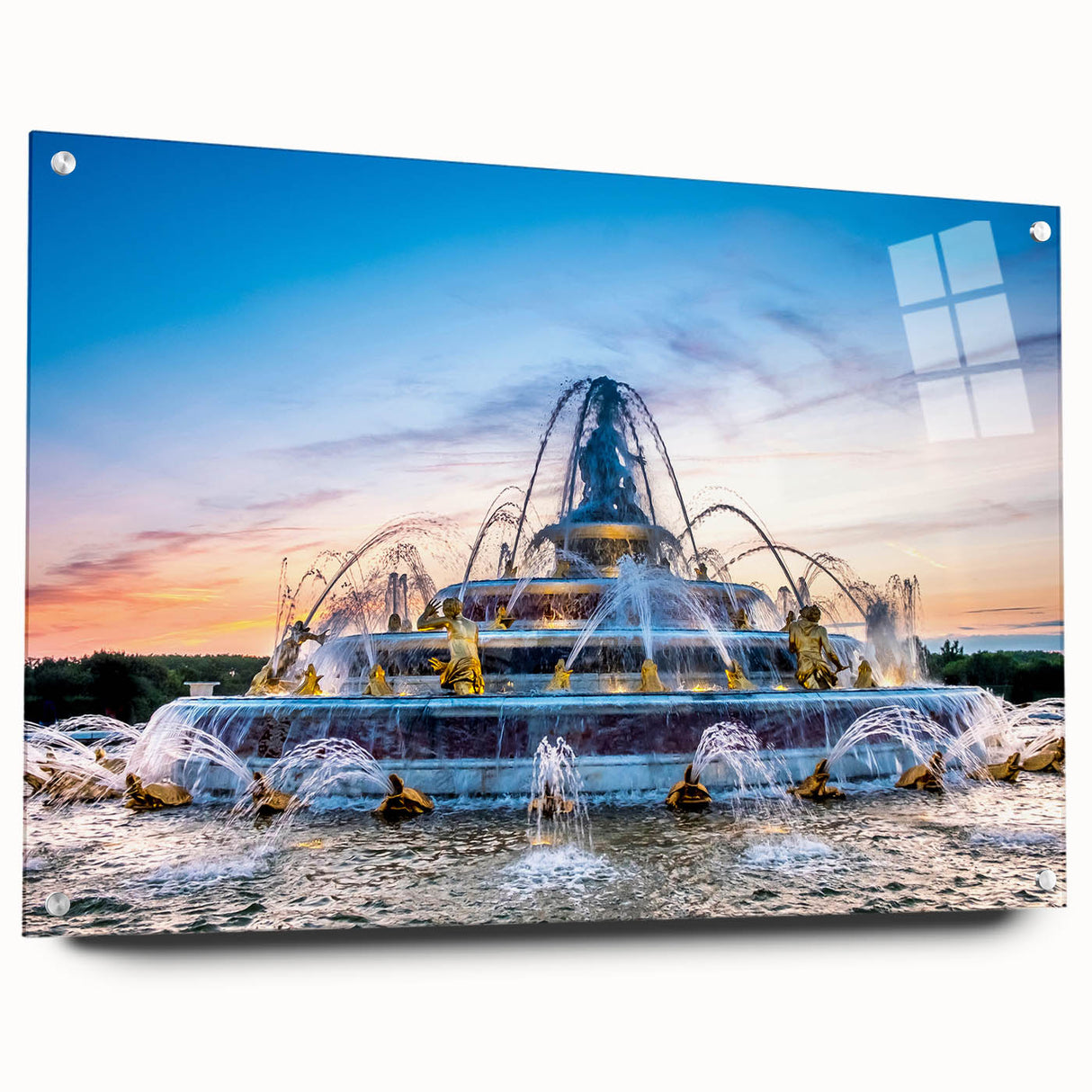 Acrylic print of the Versailles Palace gardens in muted green and blue tones, suitable for dining room decor.