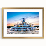 Abstract art print of Versailles scenery in muted gold and beige tones on a framed canvas, suitable for dining room decor.