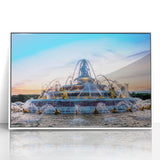 Mid-century modernist art depicting the Versailles scenery in muted tones on a framed acrylic.