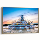 Framed canvas of a vintage landscape painting depicting the Versailles gardens, in muted gold and black tones.