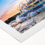 Art deco poster of the Versailles Palace, rendered in muted gold and blue tones on a rolled canvas.