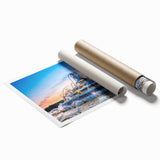 Extra large rolled print of Versailles gardens in muted green and blue tones, ideal for classy bathroom wall art.