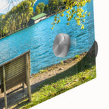 Mid-century modernist abstract of Bavarian scenery in muted earth tones, acrylic print, ideal for dining room art.