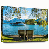Acrylic glass print of a Bavarian landscape, featuring lush greenery and a distant mountain.