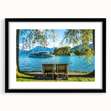 Extra large abstract art print of a colorful Bavarian landscape on textured canvas, framed in black.