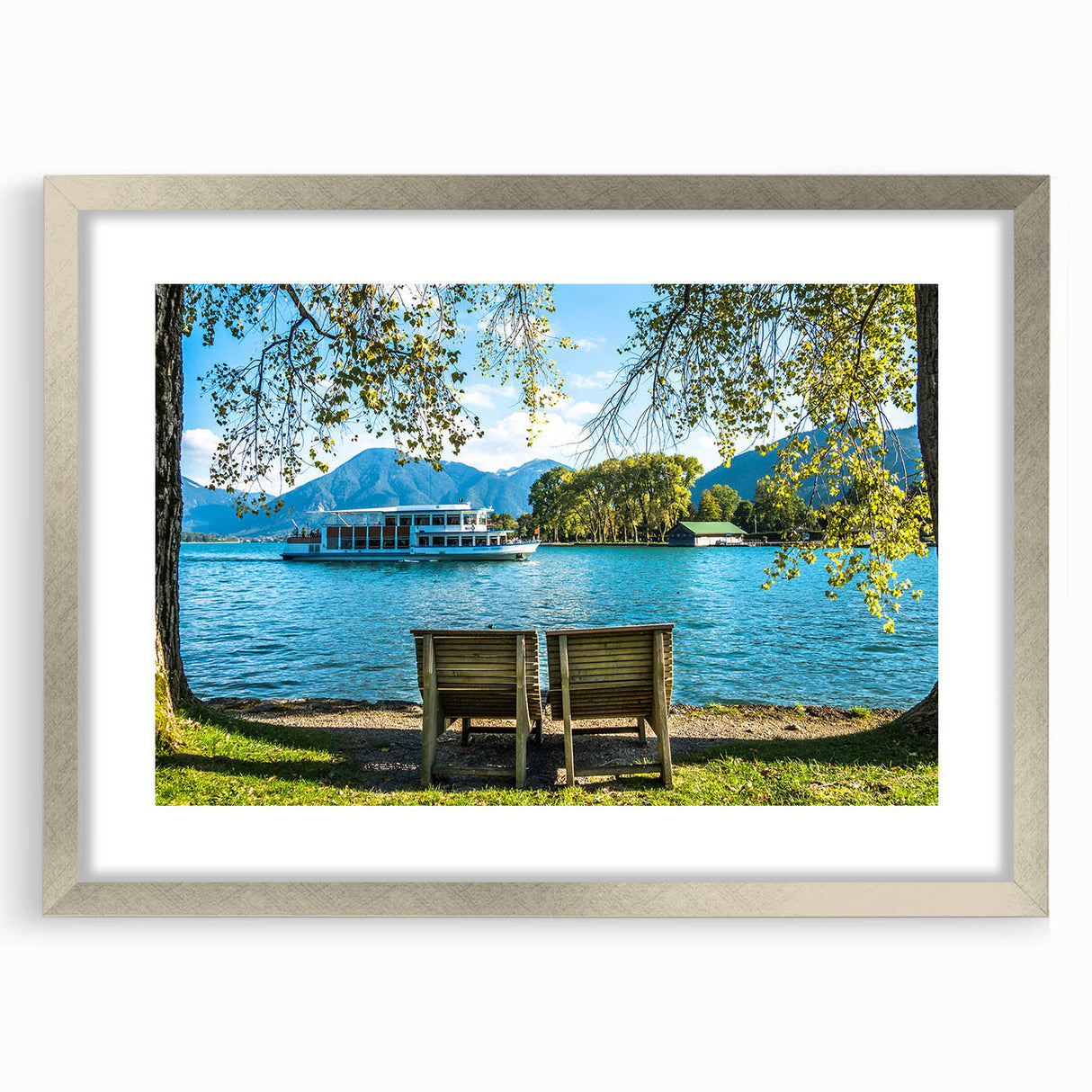 Extra large abstract art print featuring textured scenery of Bavaria, in muted earth tones, framed in silver.