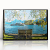 Large abstract wall art depicting a Bavarian landscape in muted greens and blues on a framed acrylic.