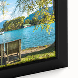 Framed canvas depicting a textured Bavarian landscape in vibrant colors on a black background, ideal for living room decor.
